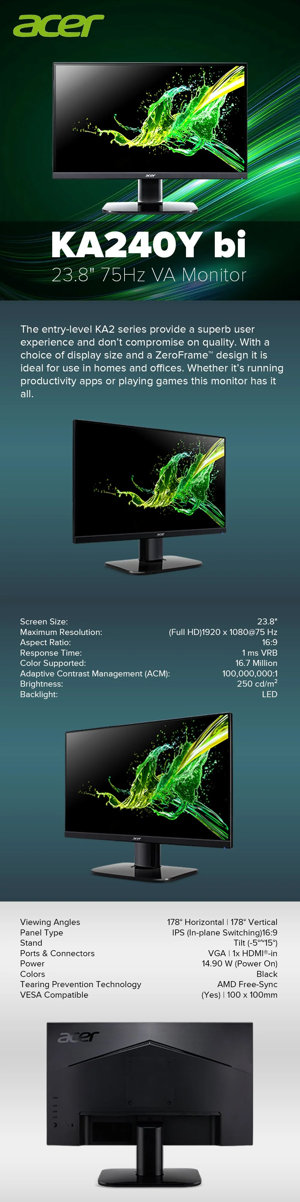 Acer KA240Y bi 23.8" 75Hz 1080p Full HD monitor designed to deliver a high picture quality adjustable screen tilt to comfort suit VA display Monitor - Image 6