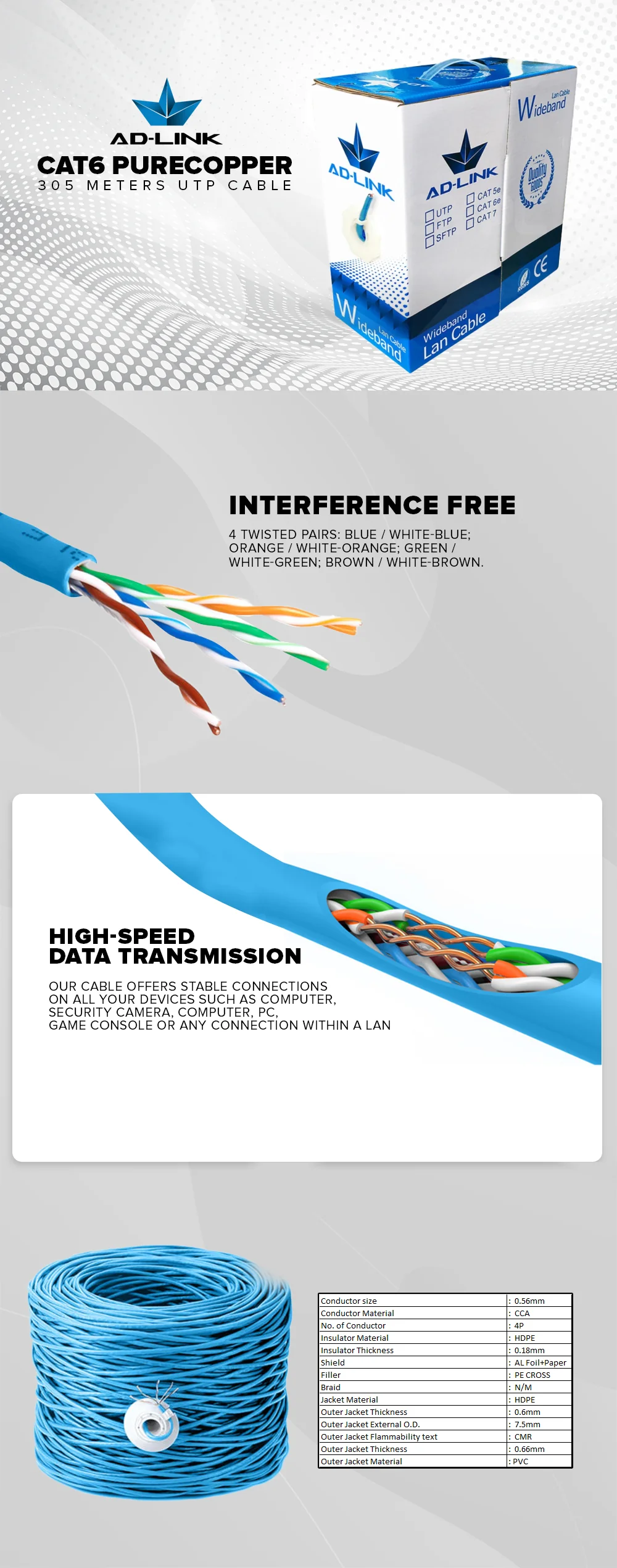 Ad-Link Cat6 Purecopper 305 Meters Utp Cable - Image 6