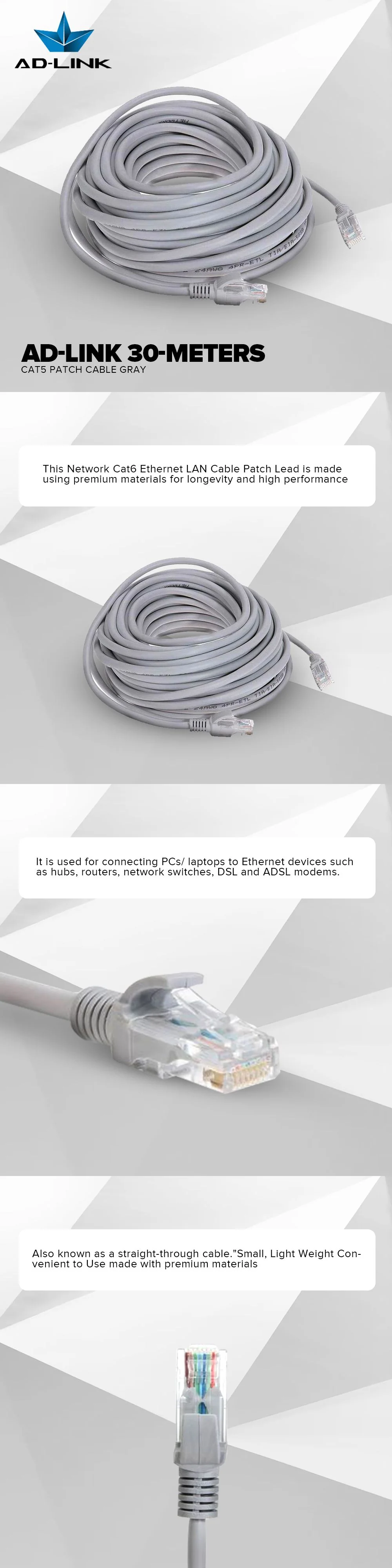 Ad-Link Ethernet Cable 30-Meters Cat5 Light Weight Convenient to Use Patch Cable Gray - Image 8