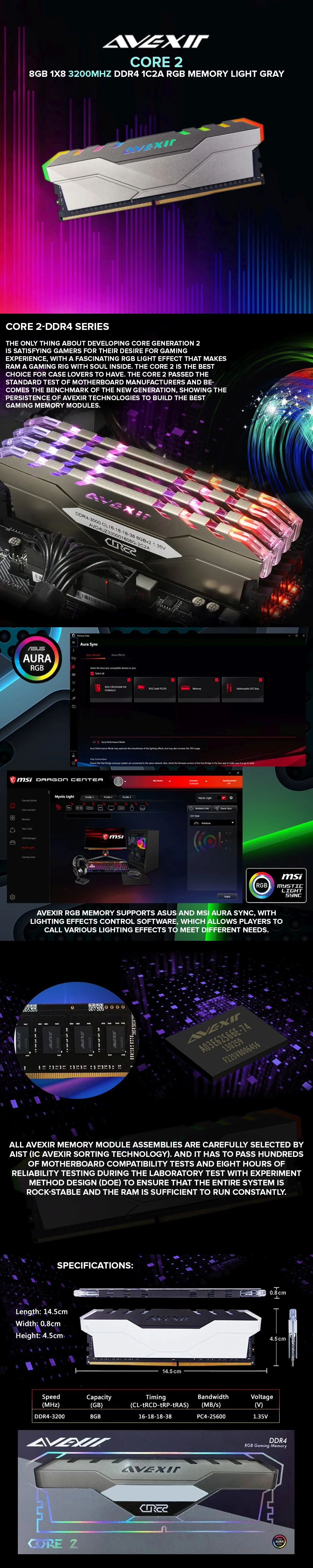 Avexir Core 2 8gb 1x8 3200mhz Ddr4 1c2a RGB Memory Light Gray - Image 5