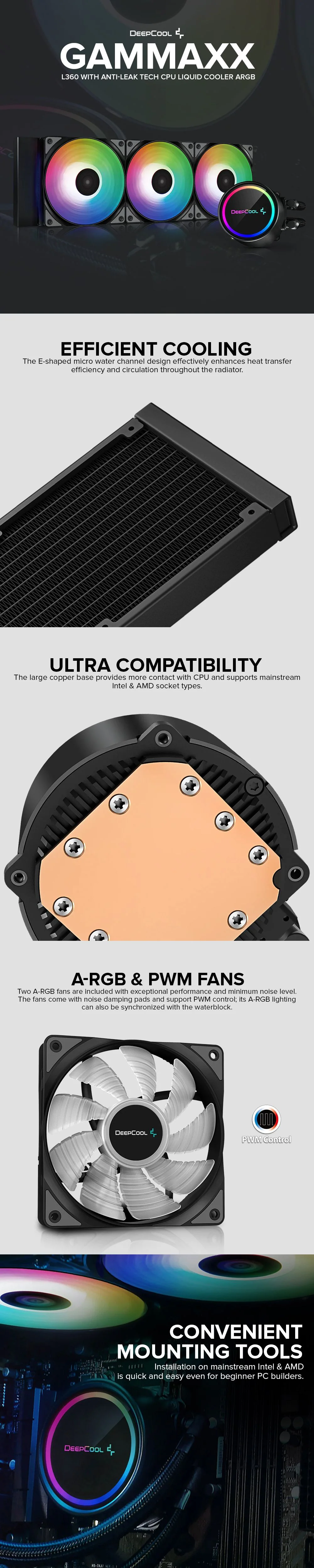 Deepcool Gammaxx L360 with Anti-Leak Tech PWM Fans ARGB Black and White CPU Liquid Cooler - Image 11