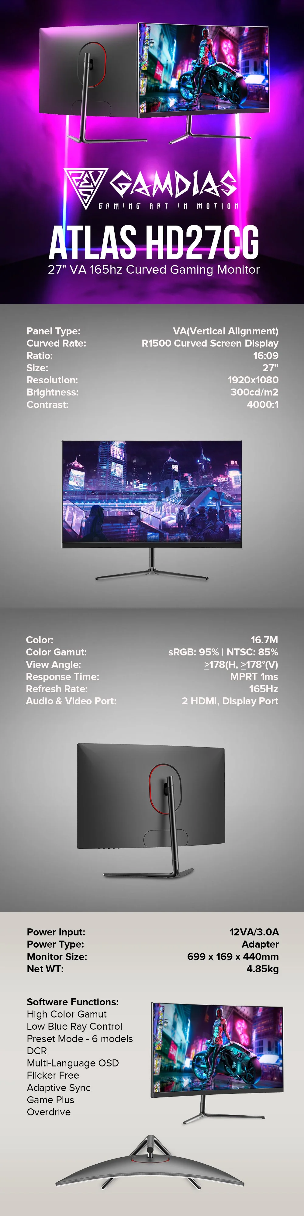 Gamdias Atlas HD27CG and HD27G 27" VA 165hz Curved Screen HDMIS Audio & Video Port Gaming Monitor - Image 12