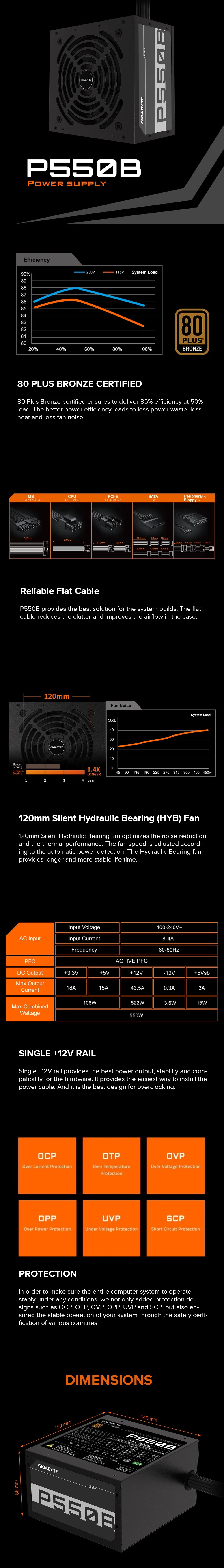 Gigabyte P550B 550 watts 80 Plus Bronze, 120mm Silent Hydraulic Bearing (HYB) Fan, best design for overclocking Reliable flat cable Power Supply - Image 6