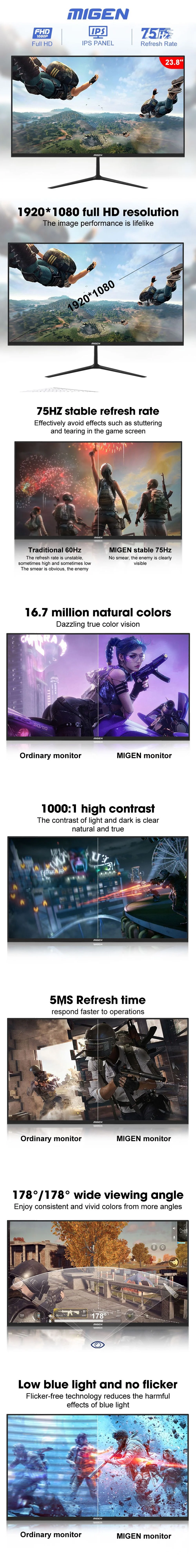 Migen N2468 24" IPS Panel 5MS/75HZ Online Schooling Homebase Work Game PC Computer Monitor - Image 3