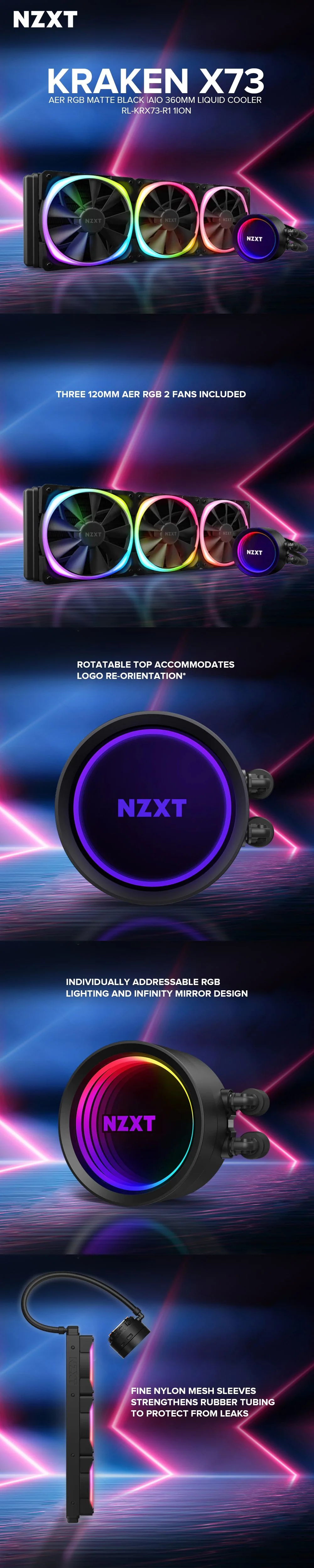 Nzxt Kraken X73 Aer RGB Matte Black/ White AIO 360mm Liquid Cooler RL-KRX73-R1/ RL-KRX73-RW - Image 11