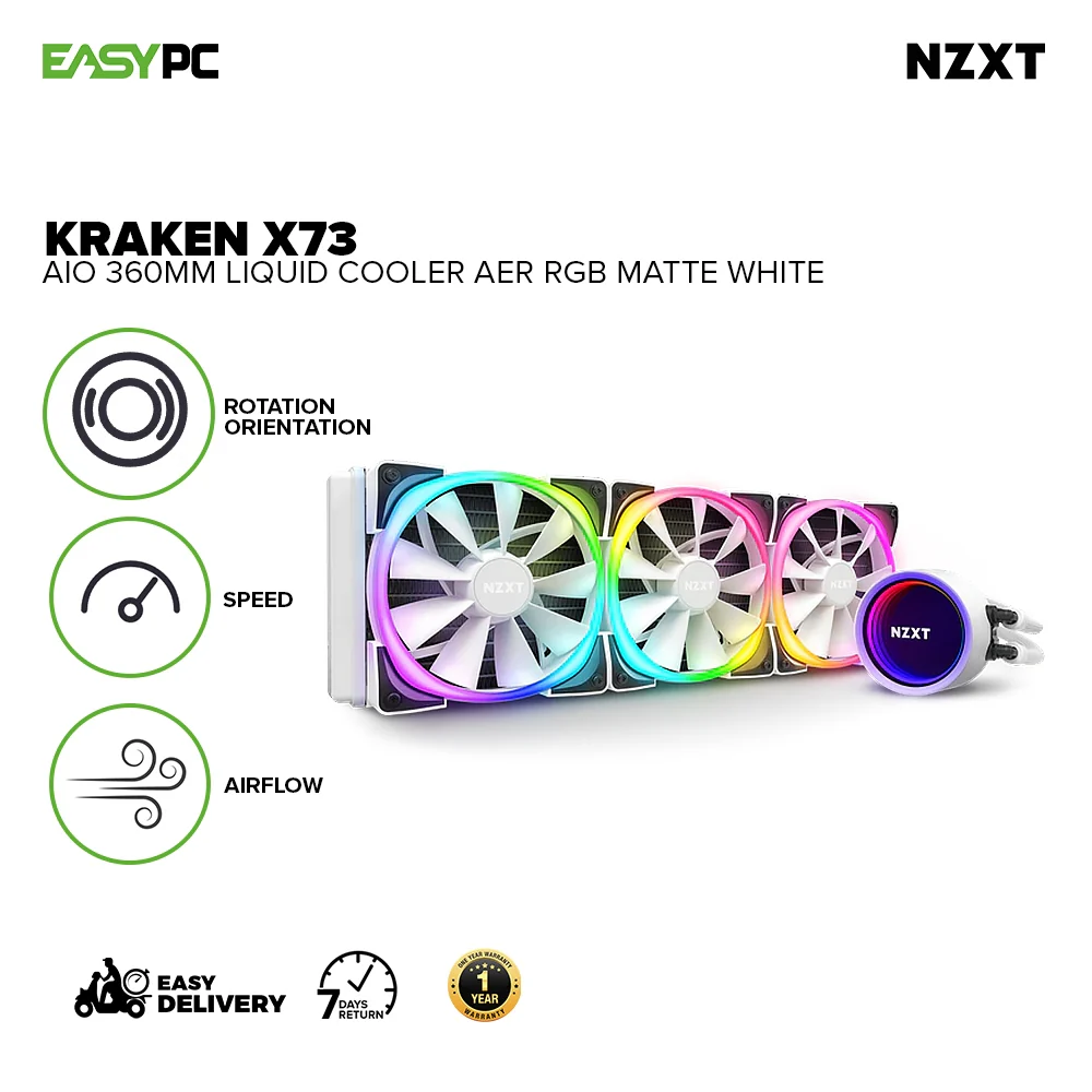 Nzxt Kraken X73 Aer RGB Matte Black/ White AIO 360mm Liquid Cooler RL-KRX73-R1/ RL-KRX73-RW - Image 7