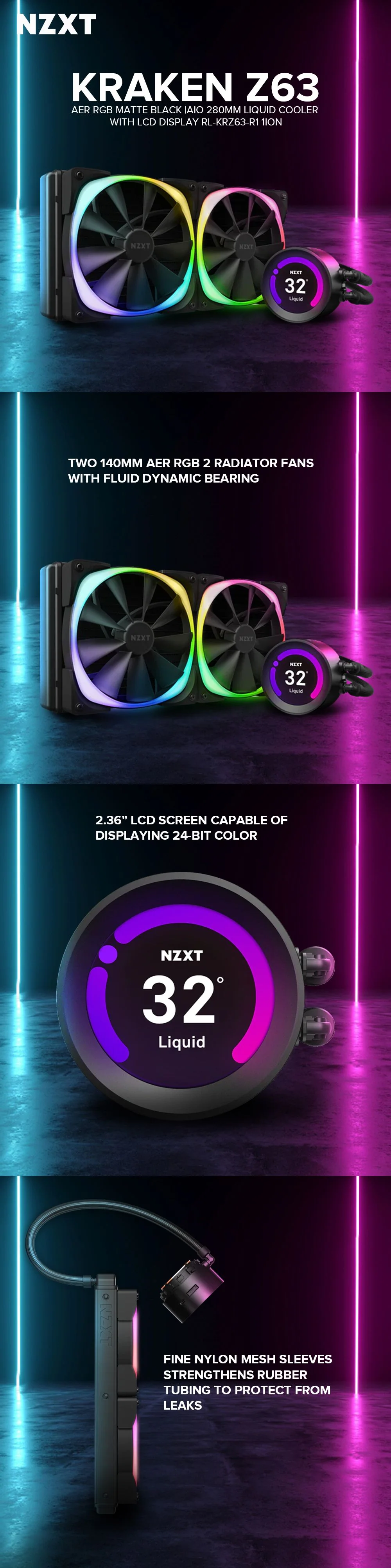 Nzxt Kraken Z63 Aer RGB Matte Black/ White AIO 280mm Liquid Cooler with LCD Display RL-KRZ63-R1 - Image 11