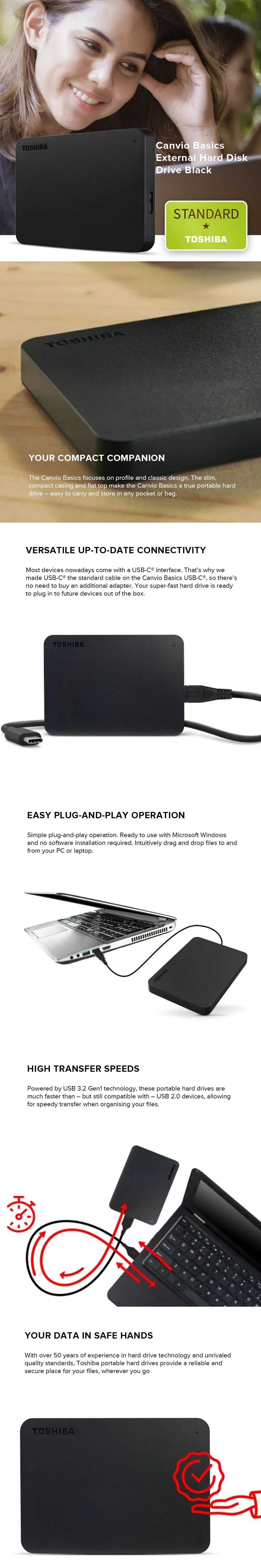 Toshiba Canvio Basics HDTB410AKCAA 1tb USB-C 2.5 External Hard Disk Drive Black - Image 5